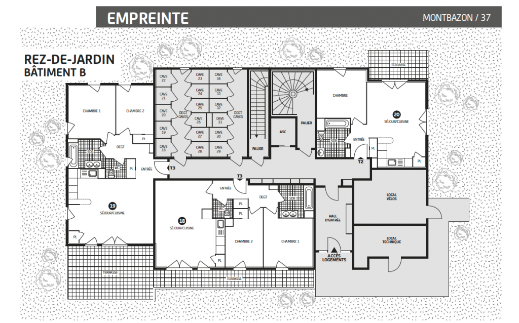 plan rez de jardin , Batiment B, résidence Empreinte, Montbazon, Tours, indre et loire, 37