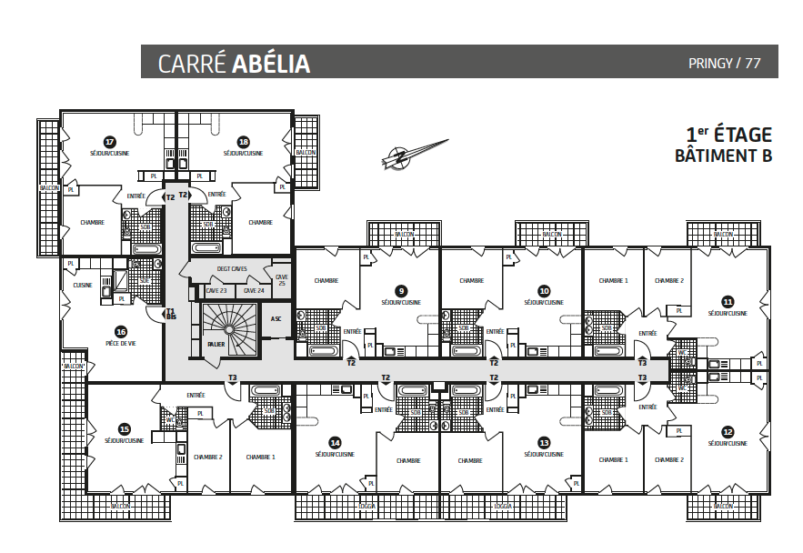 plan de masse, batiment B, 1° étage, carré Abelia, appartement loi pinel, Pringy, seine et marne ,77, Paris vendome Patrimoine