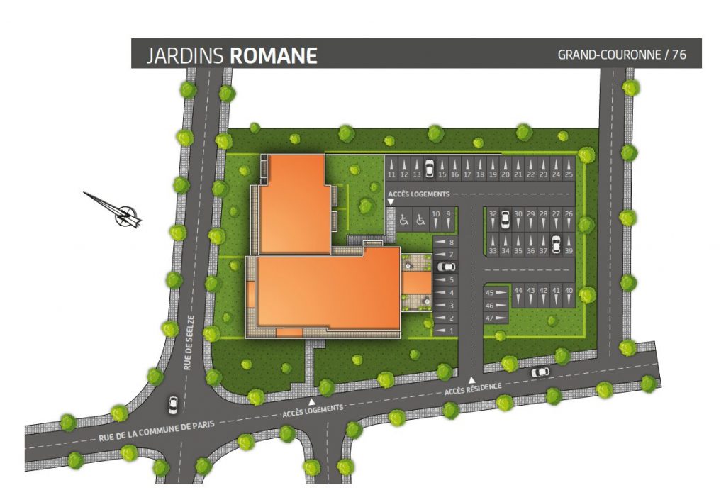 Loi Pinel Grand Couronne, Rouen, plan de masse résidence Jardins Romane, Paris Vendome Patrimoine