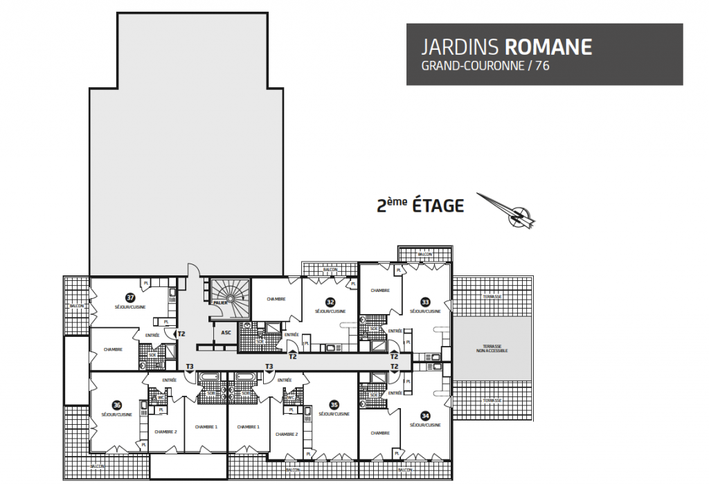 plan 2° étage,résidence Jardins Romane,Loi Pinel Grand Couronne, Rouen, Paris Vendome Patrimoine