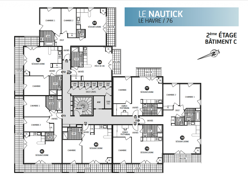 Plan 2ème étage, résidence nautick, le Havre, batiment c, loi pinel, paris vendome patrimoine